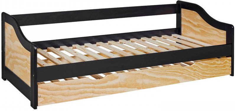 Hioshop Leonie Eenpersoonsbed 90 X 200 Cm Met 1 Uitschuifbed, Incl 2 Lattenbodems Zwart, Natuur.
