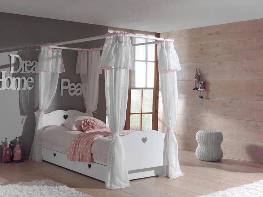 Vipack hemelbed Amori met textiel en rolbed/opberglade wit Leen Bakker