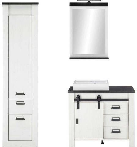 Home affaire Badkamerserie Sherwood in modern houtdecor, met schuurdeurbeslag van metaal, met apothekersgrepen van metaal(3 stuks )