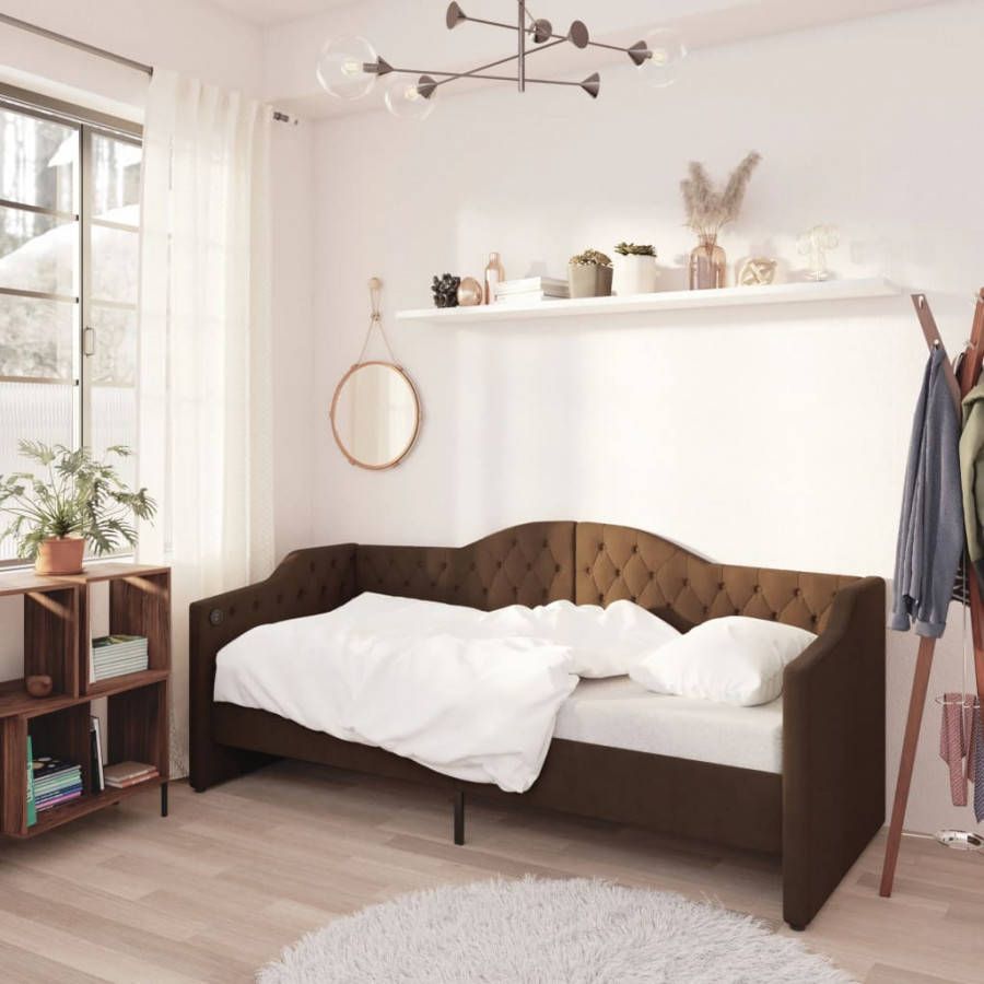 VIDAXL Slaapbank met matras en USB stof donkerbruin 90x200 cm